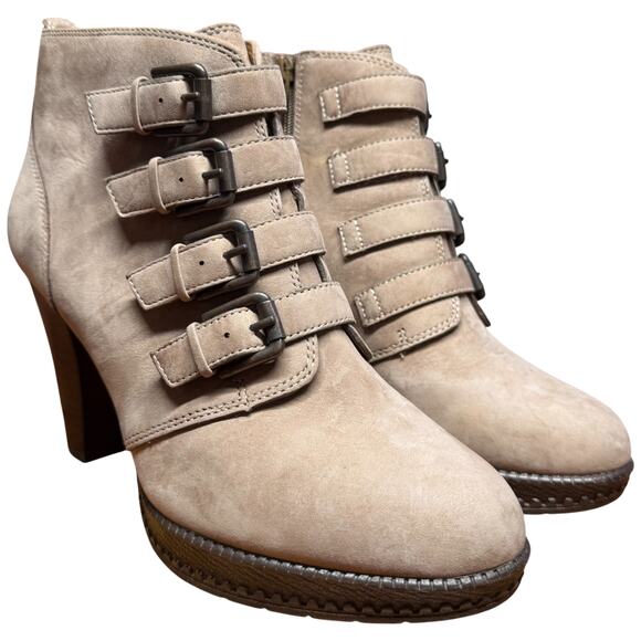 SOFFT Antica Women's 8.5 Leather Stone Taupe Buckle Strap Heeled Ankle Boots - Picture 7 of 15